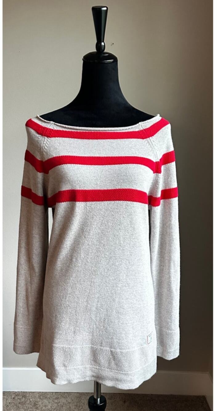 BARBOUR Striped 100% Cotton Boat Neck Sweater in Grey Red Size 10